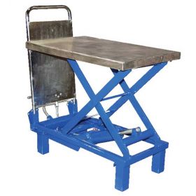 Scissor lift table features steel construction.